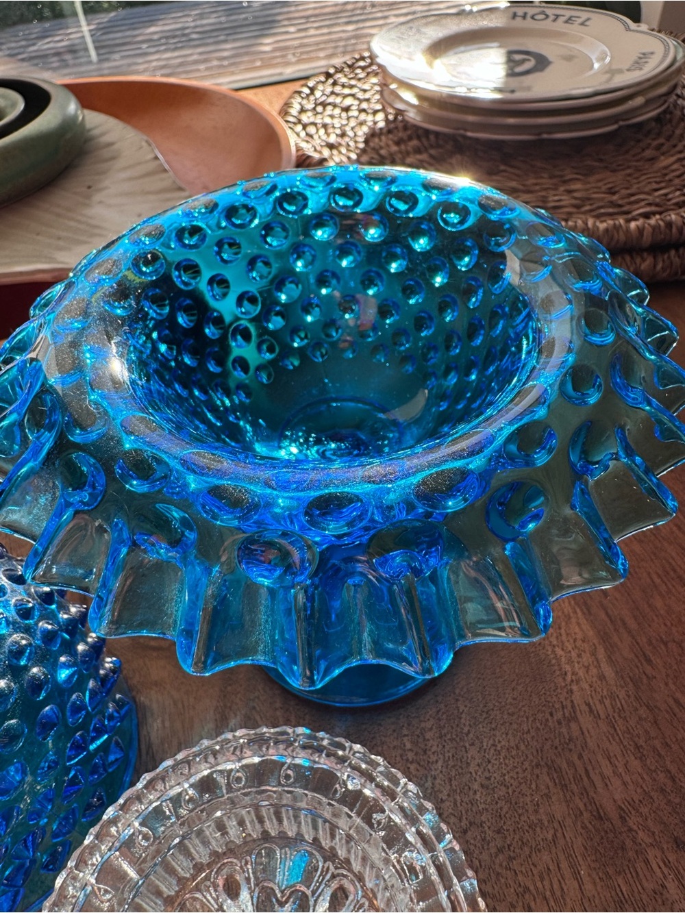 VINTAGE Antique Fenton Colonial Blue Hobnail 3 Piece Pedestal Fairy Lamp - Picture 9 of 12